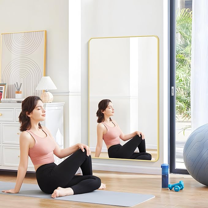 55x30 Inch Gold Bathroom Mirror, Metal Framed Gold Rectangle Mirrors, Rounded Rectangular Vanity Mirror, Large Wall Mounted Mirrors for Living Room Bedroom Entryway Hangs Horizontal or Vertical