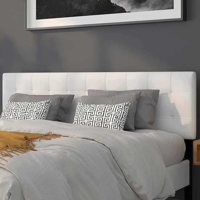 EMMA + OLIVER Quilted Tufted Upholstered King Size Headboard in White Fabric