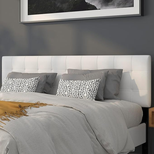 EMMA + OLIVER Quilted Tufted Upholstered King Size Headboard in White Fabric