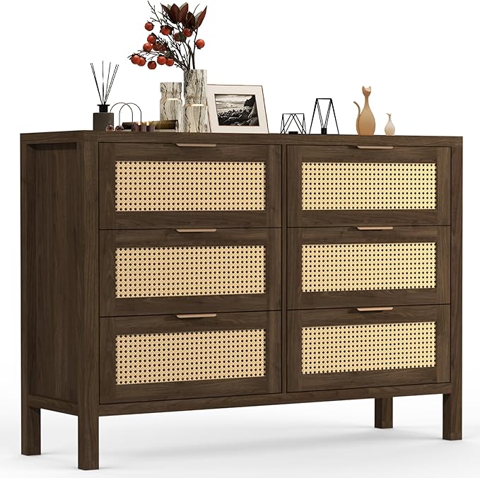 Wood 6 Dresser for Bedroom, Wide Rattan Drawer with Gold Handle for Bed Room, Hallway, Brown Oak