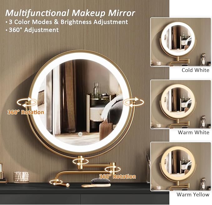 IKuinen Makeup Vanity Desk with Mirror and Lights, Small Vanity Table with 2 Drawers, Stool,Vanity Set for Bedroom with Microfiber Leather, 3 Lighting Modes - 31.5In Black