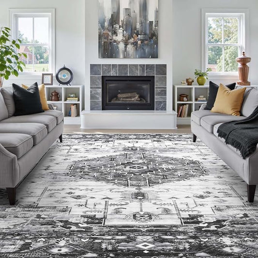 8x10 Area Rugs for Living Room, Non Slip Large Vintage Floral Rug for Bedroom Dining Room Farmhouse Classroom Kids Playroom Home Decor,Grey