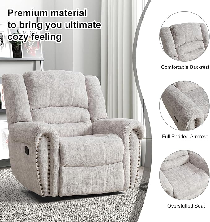 INZOY Recliner Chair, Heavy Duty Manual Reclining Sofa Single Lounge Sofa for Living Room, Home Theater Seating, White