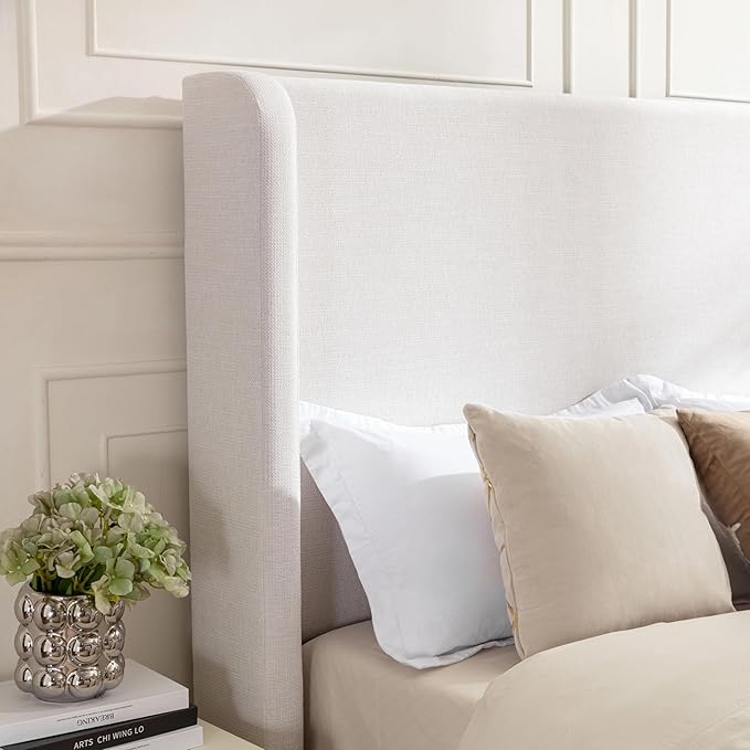 GDFStudio Tall Headboard Upholstered Bed,King Size Platform Bed Frame with Chenille Wingback Headboard, Without Wooden Slats,Box Spring Required,Easy Assembly,Elegant Simplicity 54" High Ivory