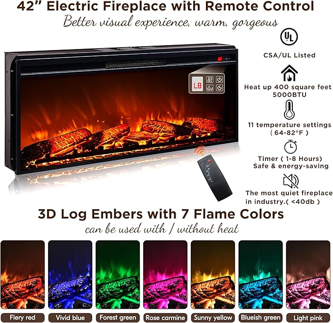 OKD Fireplace TV Stand for up-to-80 TV, Farmhouse 36" Tall Entertainment Center with 42" Electric Fireplace, Media Console with Glass Door Cabinets & Drawers for Living Room, Dark Rustic Oak