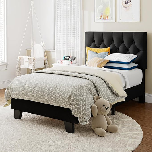 Twin Upholstered Bed Frame with Headboard, Button Tufted Linen Bed Base, Platform Bed with Wood Slat, Heavy Duty, Easy Assembly, No Box Spring Needed, Black