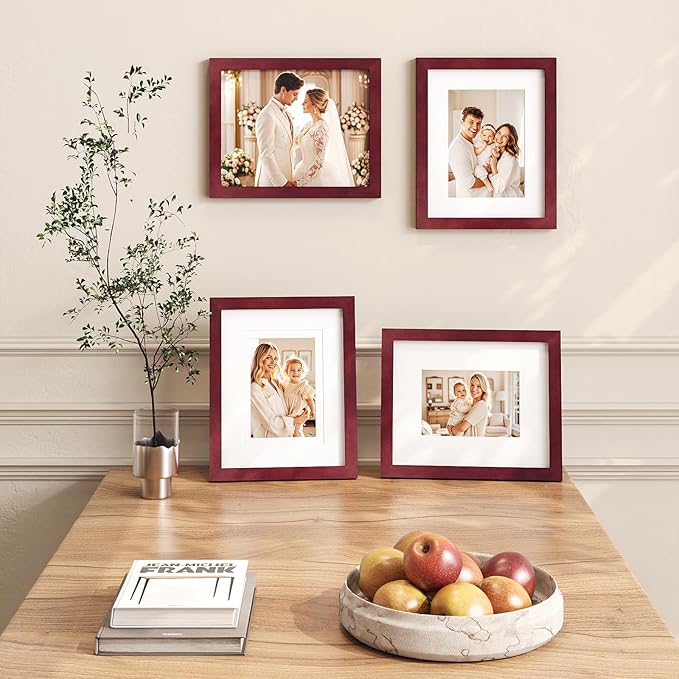 Egofine 8x10 Picture Frame Made of Solid Wood, Covered by Plexiglass for Pictures 4x6 or 5x7 with Mat or 8x10 Without Mat, Photo Frame for Table Top and Wall Display, Cherry Red