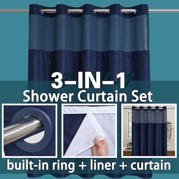 Extra Long No Hook Shower Curtain with Snap in Liner Set, Hotel Luxury Dark Blue Fabric Shower Curtains for Bathroom with See Through Top Window, Washable, Waterproof 71W x 84H