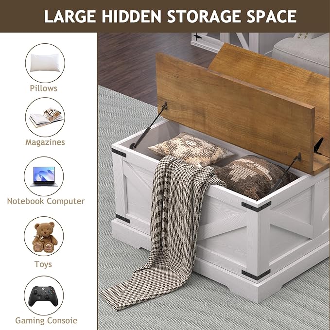 Farmhouse Coffee Table with Hidden Storage Compartment, White Square Coffee Table for Living Room, Wood Center Table with Hinged Lifting Tabletop for Home