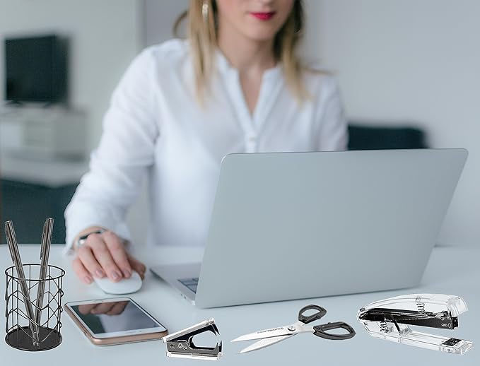 Office Desk Accessories，Office Supplies Set Acrylic Stapler Set Staple Remover, Tape Holder, Pen Holder, 2 Ballpoint Pen, Scissor, Binder Clips, Paper Clips and 1000pcs Staples(Black)