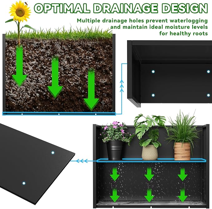 Tall Metal Planter Box, 36" L x 12" W x 26" H Large Outdoor Planters with Drainage & Adjustable Shelf, Heavy Duty Steel Rectangular Planter for Patio, Balcony, Indoor(Black)
