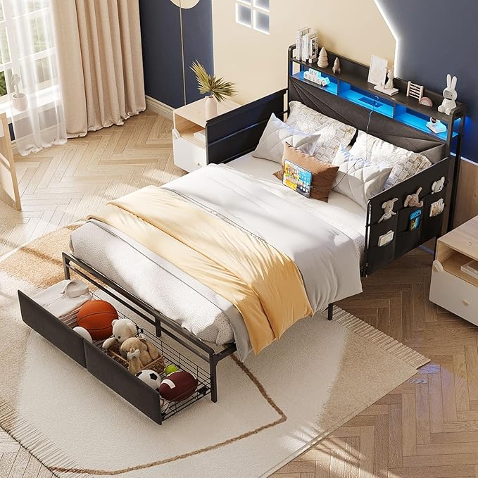 Maupvit Full Bed Frame with Storage Headboard and Drawer,Upholstered Platform Bed Frame with LED Lights & Charging Station,Full Size Bed with Guardrail,No Box Spring Needed,Grey