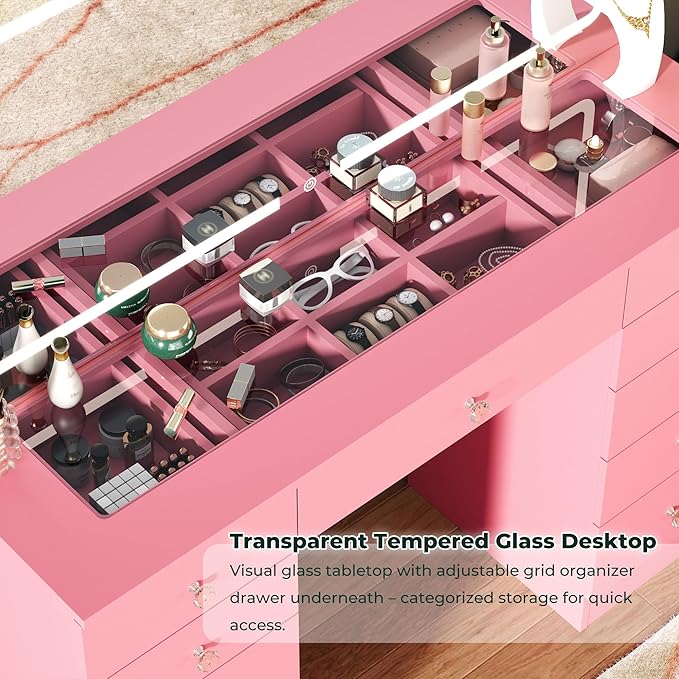 Vanity Mirror with Lights, Vanity with Lighted Mirror, 11 Drawers Makeup Vanity Desk with 3 Lighting Modes Adjustable Brightness, Pink Vanity with Glass Top for Bedroom