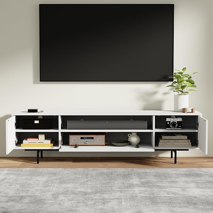 Norrhaus 75-Inch Modern TV Stand – White Finish, 20-Inch Height, No Tools Assembly Technology, Storage Cabinets with Center Channel Speaker Shelf, Mid-Century Modern Design