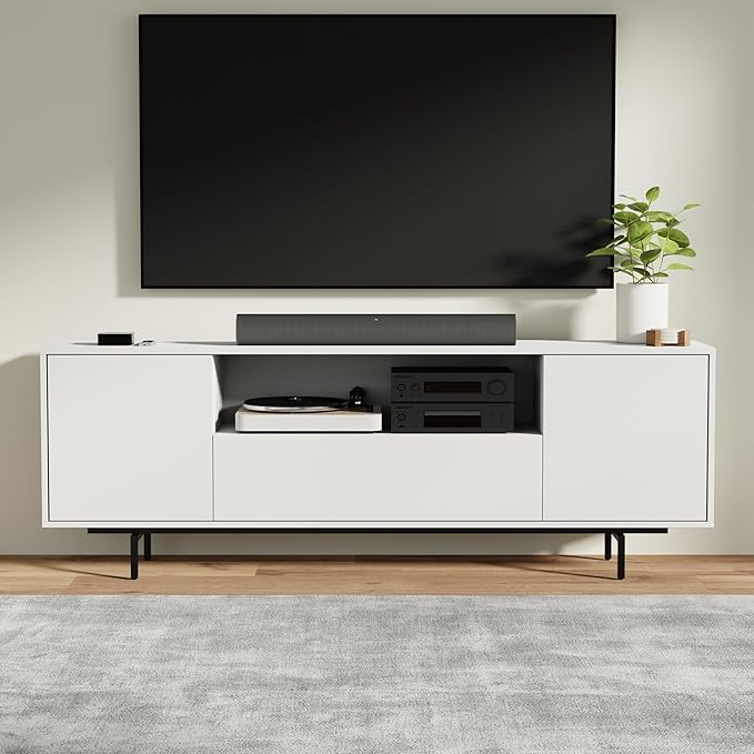 Norrhaus 75-Inch Modern TV Stand – White Finish, 26-Inch Height, No Tools Assembly Technology, Storage Cabinets with Center Channel Speaker Shelf, Mid-Century Modern Design