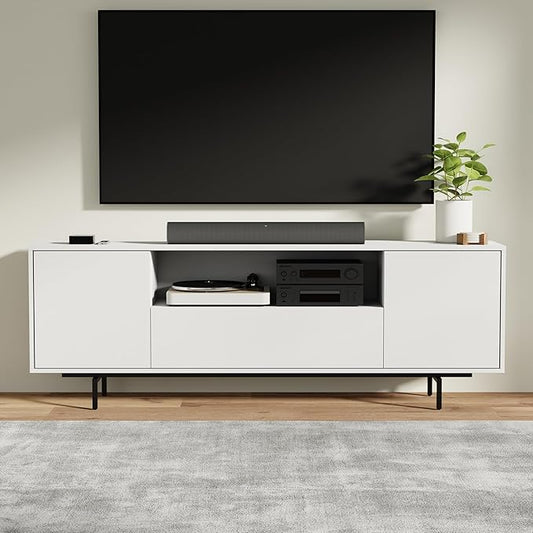 Norrhaus 75-Inch Modern TV Stand – White Finish, 26-Inch Height, No Tools Assembly Technology, Storage Cabinets with Center Channel Speaker Shelf, Mid-Century Modern Design
