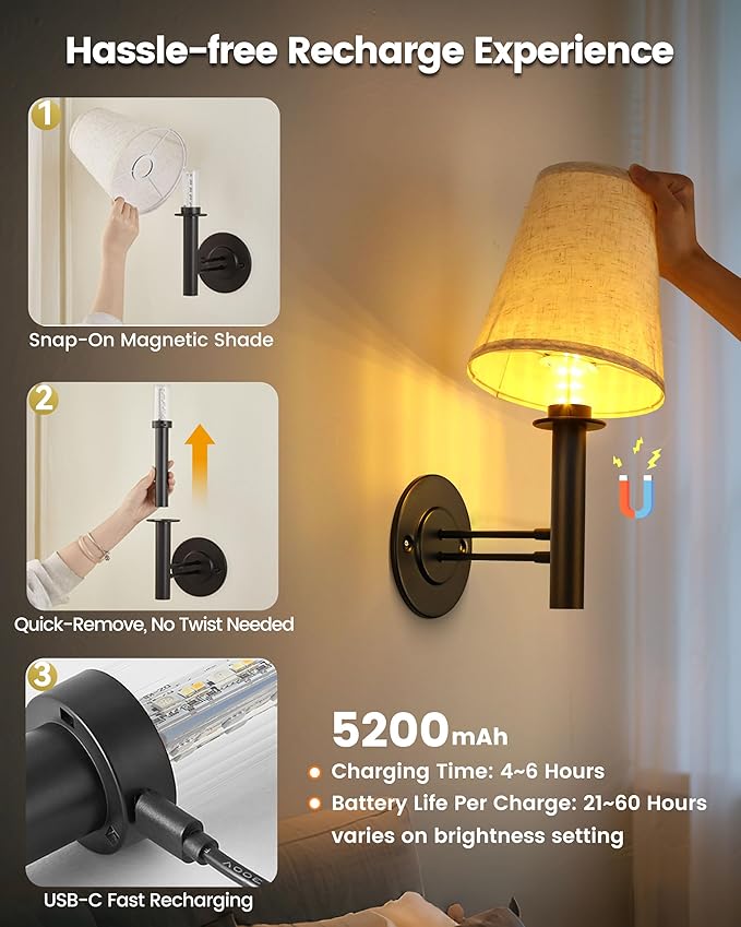 Rechargeable Battery Operated Wall Sconce Set of 2, Wireless LED Wall Lights with Remote & Touch Control, Wall Mounted Lamp Lighting Fixtures Decor for Bedroom Living Room, Matte Black