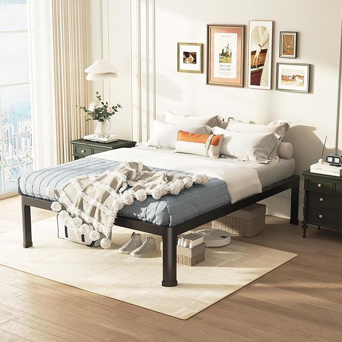 Full Bed Frame with Round Corner Edge Legs, 14 Inch Heavy Duty Support 3500 lbs Metal Platform Bed Frame Full Size, No Box Spring Needed/Noise Free/Non-Slip/Steel Slat Support