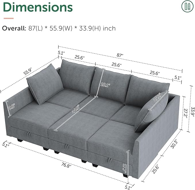 HONBAY Modular Sectional Sleeper Sofa with Storage U-Shape Modular Sectional Sofa with Ottomans Sleeper Sectional Couch for Living Room, Bluish Grey