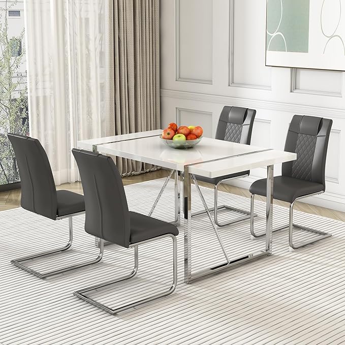 Dining Table Chairs Set for 4, Modern Rectangular Dining Room Table Set PU Leather Upholstered Dining Chairs 55" Dinner Table Set for Kitchen, Dining Room (Dining Table Set for 4, Grey)