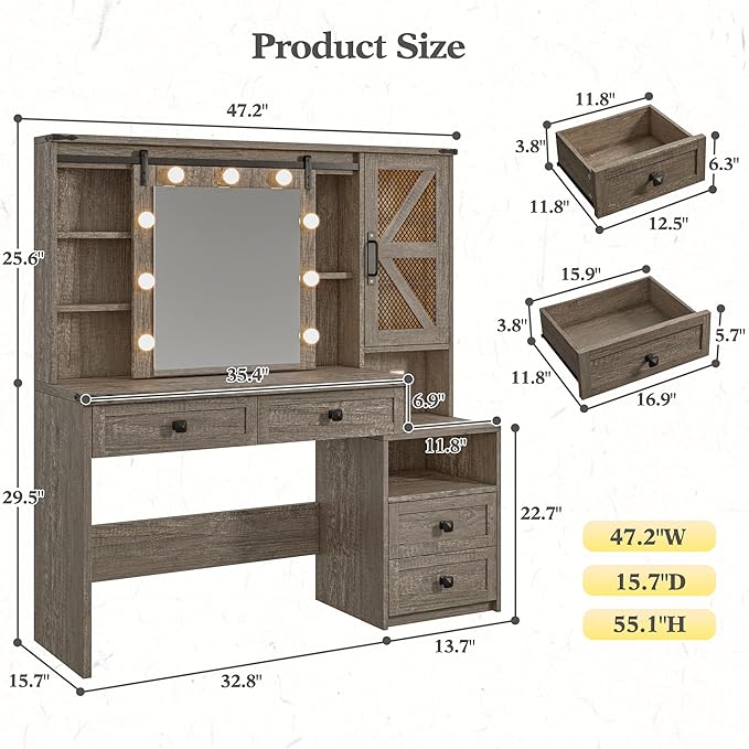 EnHomee 47.2" Farmhouse Makeup Vanity Desk with Sliding HD Mirror and Lights, Vanity Table with 4 Drawers & RGB Cabinets, Modern Lighted Vanity Table for Bedroom, Light Rustic Oak