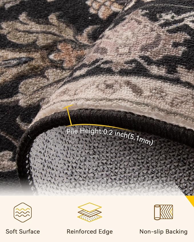 Area Rugs 5'x7' Washable Non-Slip, Floral Vintage Distress Print Pattern Medallion Carpet for Living Room Bedroom Dining Room, Black Brown Neutral Dark Tan