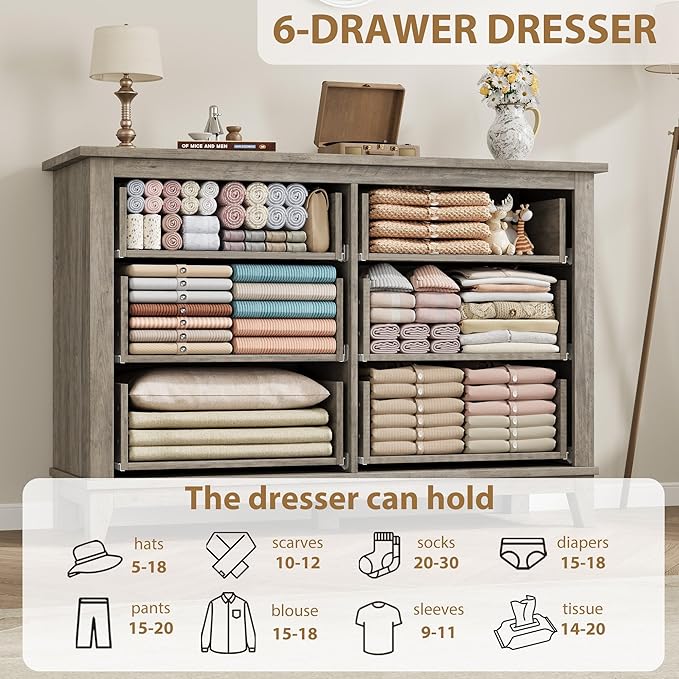 GarveeHome 6 Dresser for Bedroom, 47" Wide Drawer Dresser with Storage Freestanding, Wooden Closet Storage Chest for Living Room, Bedroom, Entryway, Grey