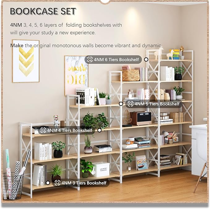 4NM 6 Tiers No Assembly Book Shelves, 61.8" H Folding Bookshelf Bookcase Open Industrial Foldable Shelves for Bedroom, Living Room, Home Office - Natural White