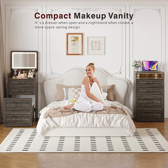 Lvifur 3 in 1 Vanity Desk with Flip Top Mirror and 3 Color Lights,Small Compact Vanity with Charging Station,Glass Top Makeup Vanity with 3 Drawers,Rolling Cushioned Stool