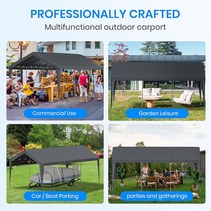 Carport 12x20 Heavy Duty Portable Garage,Galvanized Frame Carport Canopy,Portable Garages and Shelters with 8 Leg&4 Wind Rope,Car Tent Garage with All-Season Tarp for Truck Boat,Without Sidewall,Grey