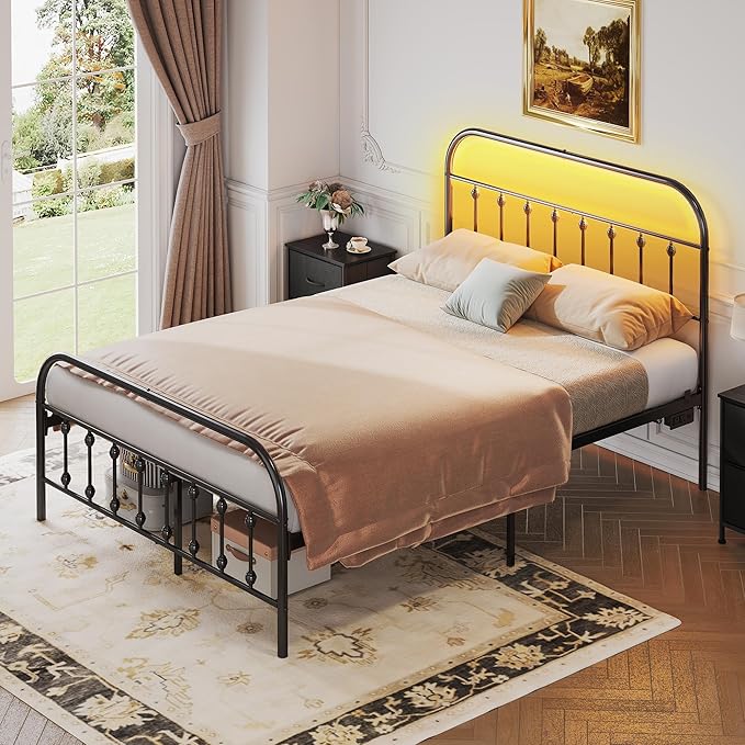 WLIVE Full Size Bed Frame with Headboard, Full Bed Frame with LED Lights and Charging Station, Metal Platform Bed with Storage, Black