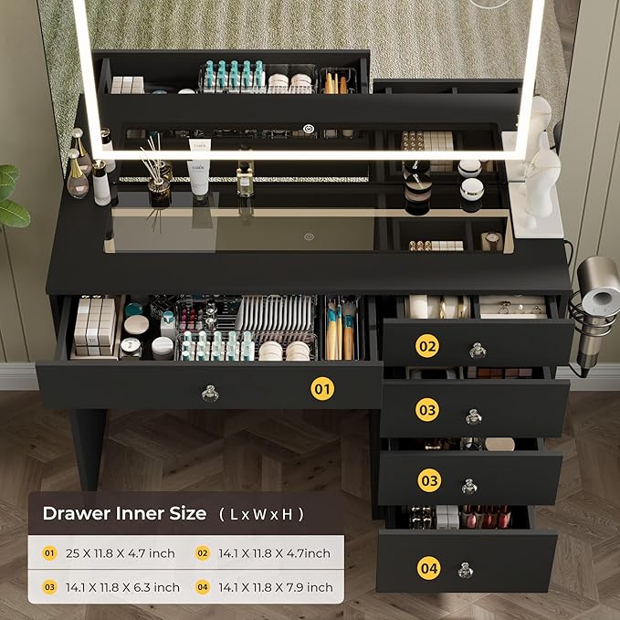 39" Vanity Desk with Mirror and Lights, 5 Drawers Makeup Vanity Desk with Tempered Glass top, 3 Lighting Modes Adjustable Brightness, Black Vanity with Magnetic 5X Magnifier for Bedroom