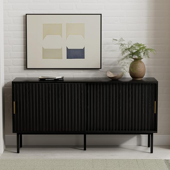 Fluted Tv Stand with Sliding Doors, 47" Mid Century Entertainment Center with Adjustable Shelf, Wooden Media TV Console with Storage Cabinet for Living Room, Black