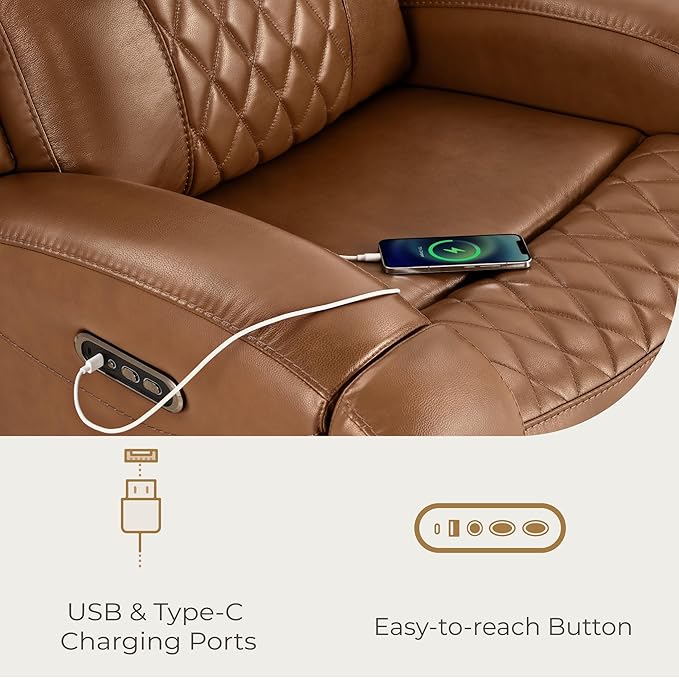 CHITA Genuine Leather Recliner Chair for Adults with Adjustable Power Headrest, Lay Flat Power Recliner with Slide-Out Cupholders & USB/Type-C Ports, Living Room Chair, Saddle