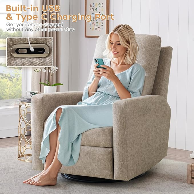 Power Nursery Rocking Chairs, 270° Oversized Swivel Rocker Recliner w/USB & Type-C Charging Port, Rotating Rocking Reclining Nursing Chair for Breastfeeding, Living Room,Bedroom,Brown