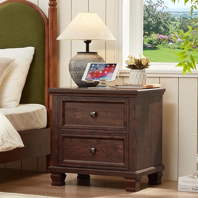 Farmhouse Walnut Bedroom Sets of 4, Includes 6 Drawer Large Dresser, Low 2 Drawers Night Stand with Charging Station, Small 5 Chest of Drawers, Wood Rustic Dresser & Nightstand Set for Home