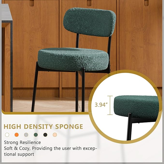 DYHOME Bar Stools Set of 3, 24 Inches Modern Counter Height Bar Stools with Curved Back Metal Legs, Green Upholstered Boucle Barstools for Kitchen Island, Cafe