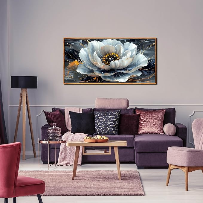 White Flower Pictures for Living Room Wall Decor - Modern Prints Wall Art for Bedroom - Wooden Framed Wall Art for Office Size 20" x 40"