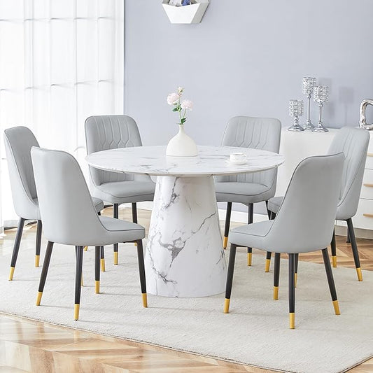 45 Inch Round Dining Table Set for 6, 7 Piece Kitchen Table and Chairs Set, White Faux Marble Table Top, Small Space Dining Set for Apartment or Dining Room