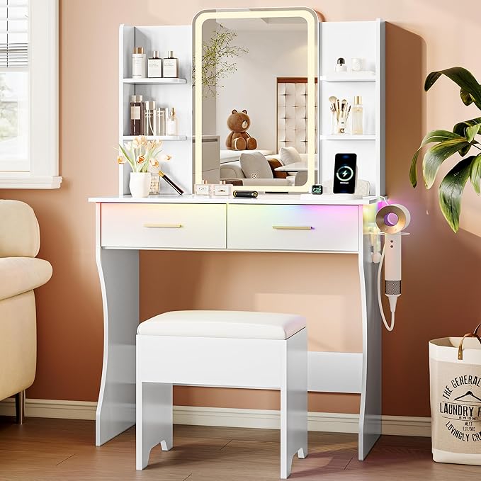 Vanity Desk with LED Lights Mirror & Power Outlet, Small Makeup Vanity Table Set with Storage Drawers & Chair, 3 Lighting Modes & Adjustable Brightness, Dressing Table for Women Girls Bedroom, White