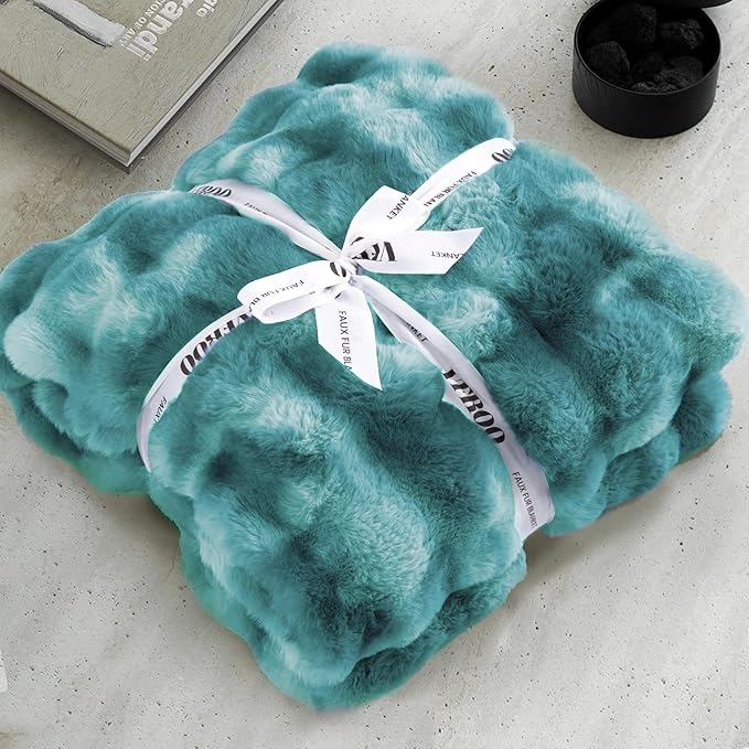 Ultra Plush Bubble Faux Rabbit Fur Blanket – 950GSM Thick Fluffy Throw Blanket for Bed, Couch, Sofa, or Gift, 50" × 60", Tie-dye Teal