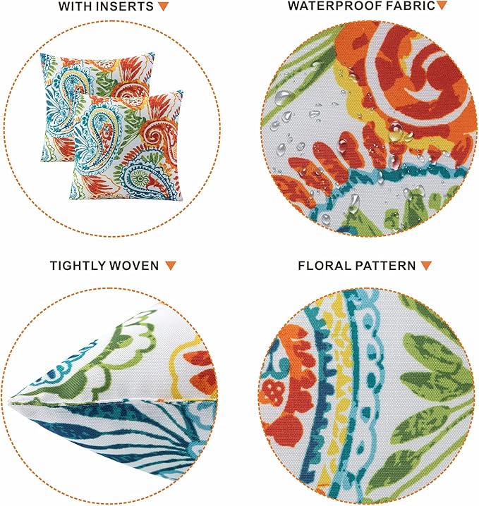 Outdoor Pillows Waterproof Set of 2 Decorative Throw Pillows with Inserts 18×18 Inch Outdoor Square Pillows for Patio Furniture(Paisley Print)