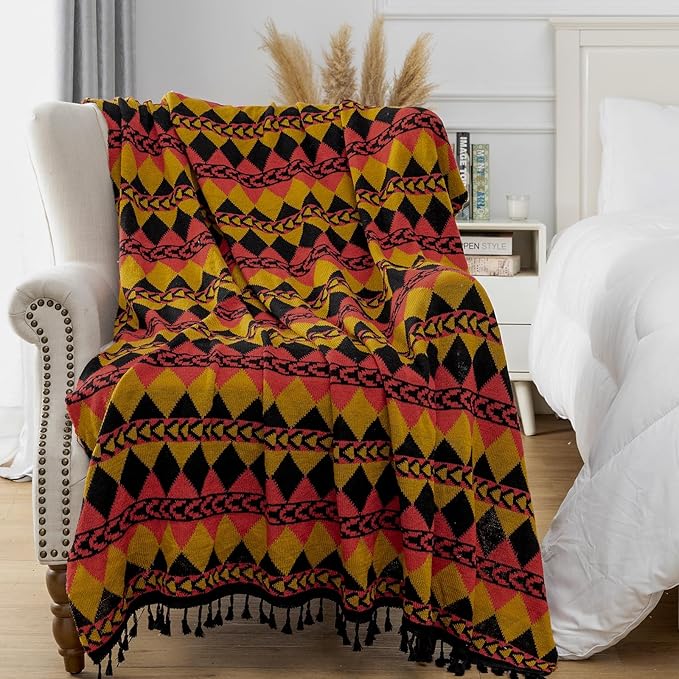 Gealaek Boho Throw Blanket Lightweight Soft Cozy Decorative Blankets for Sofa Bed Farmhouse Throw Blanket Aztec Blanket with Tassel Black Red Mustard Checkered 50" x 60"