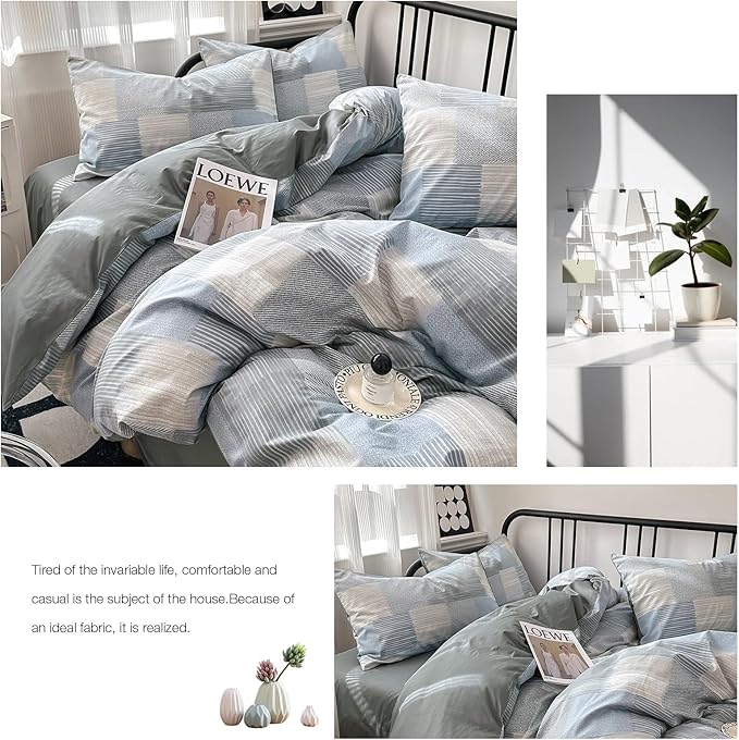 mixinni Full Comforter Set Soft Aesthetic Blue Geometric Checkered Plaid Printed Bedding Comforter for Men Boys, 1 Soft Microfiber Reversible Comforter with 2 Pillowcases for All Seasons