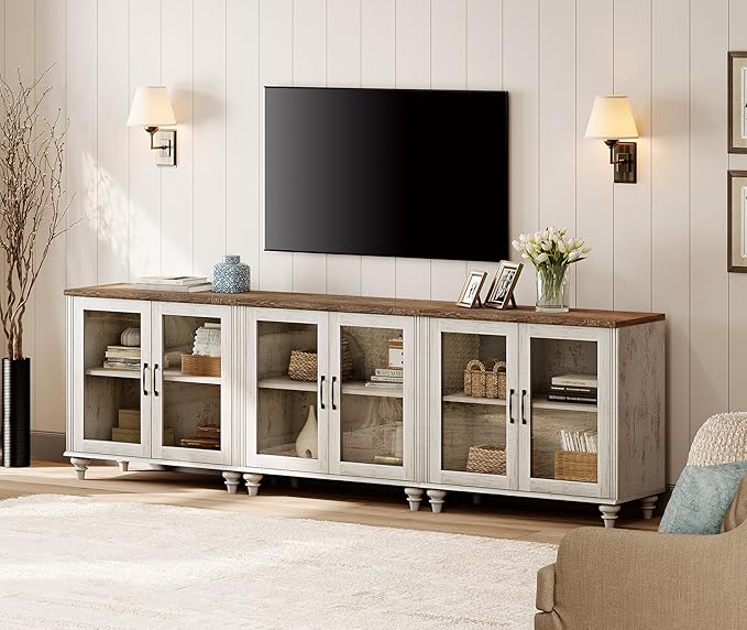 WAMPAT Farmhouse TV Stand for 100 Inch TV, Glass Wooden Universal TV Stand with 3 Storage Cabinets, Entertainment Center for 75/80/85/90 Inch TV, Console Table for Living Room, Bedroom, Rustic White