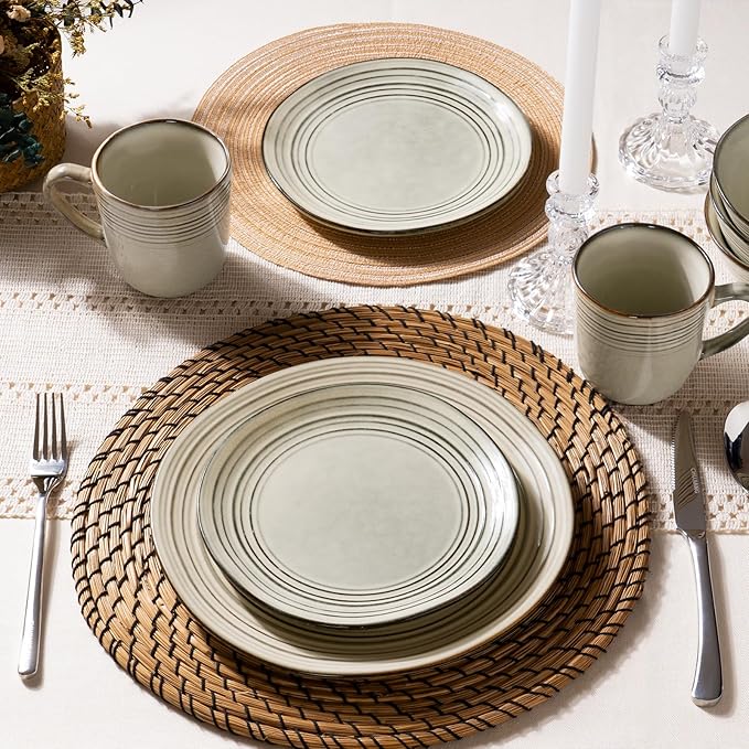 Famiware Plates and Bowls Sets 18-Piece Stoneware Dinnerware Sets, Dishes Set for 6, Hand-made Reactive Glaze Dish Set, Twilight Series, Terre-verte