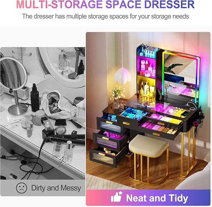 HNEBC Vanitys with HD Glass Display Table, Makeup Desk with Lighted Mirror and Charging Station, Dressing Table with RGB Lights,Jewelry Organizer,Cabinet,6Drawers,Chair for Women/Girls (Black)