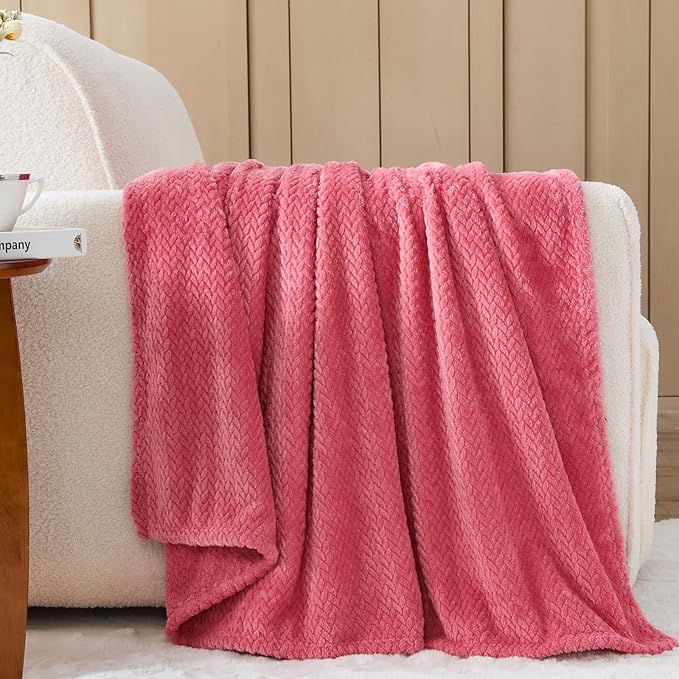 NEWCOSPLAY Super Soft Queen Blanket Coral Pink Premium Silky Flannel Fleece Leaves Pattern Lightweight Bed Blanket All Season Use (Coral Pink, Queen(90"x90"))