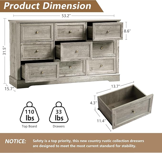 Farmhouse Dresser 9 Drawer, Bedroom Chest of Drawers, Dressers with 9 Drawers, Wooden Dressers for Bedroom, Living Room, Tv Stand, Entryway (Grey-9 Drawers)