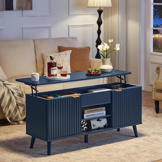 LEYAOYAO 48" Fluted Lift Top Coffee Table with Hidden Storage & Adjustable Shelves, Lifting Tabletop Large Rectangular Coffee Tables, Mid Century Modern Wood Center Table for Living Room, Nave Blue